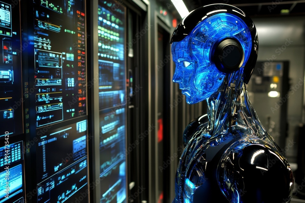 Aufkleber Futuristic humanoid robot with glowing blue head in a high tech server room symbolizing the fusion of AI and data processing in a modern technological environment
