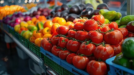 Market booths filled with colorful fruits and vegetables, creating a vibrant and bustling scene, Realism, Bright hues, Photography