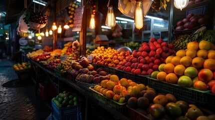 Fototapeta premium Market booths filled with colorful fruits and vegetables, creating a vibrant and bustling scene, Realism, Bright hues, Photography