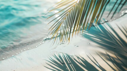 
Shadows of palm leaves on abstract white sandy beach background. Sunlight on the water surface banner