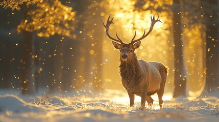 Majestic stag standing in a forest during golden hour