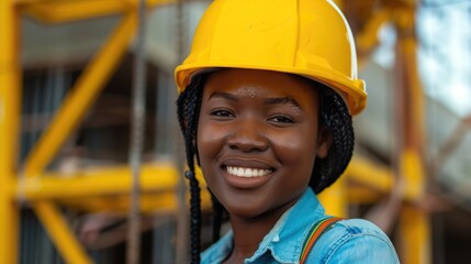 Black African woman smiling Portrait concept of a construction woman with a yellow hard hat.
