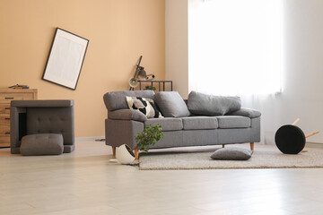 Interior of damaged living room after earthquake