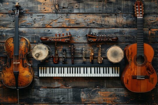 Assortment of musical instruments on rustic wooden backdrop, top view arrangement for music lovers