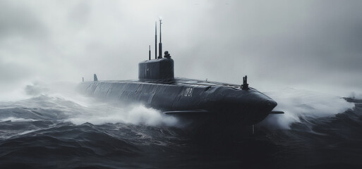 Fototapeta premium Massive Submarine Navigating Rough Seas During a Dramatic Stormy Afternoon