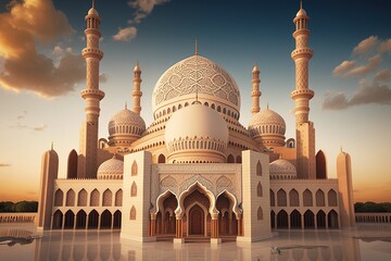 An intricate mosque with a grand dome and minarets against a cloudy sky.