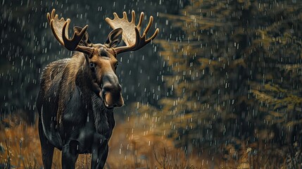 Moose in Rain: A moose standing in the rain under a canopy of trees, with droplets visible on its fur. 