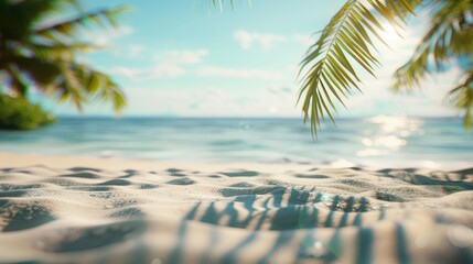 Fototapeta premium Blurry tropical beach with white sand and sunny sky background.