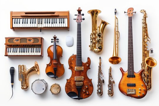 Musical instruments collage  guitar, violin, piano, drums, saxophone, trumpet on white background