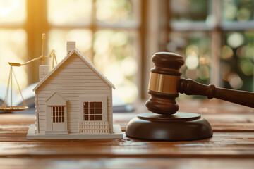 This image features a symbolic legal scene with a wooden judge gavel and a miniature white house model, positioned on a polished desk with scales of justice in the soft-focus background