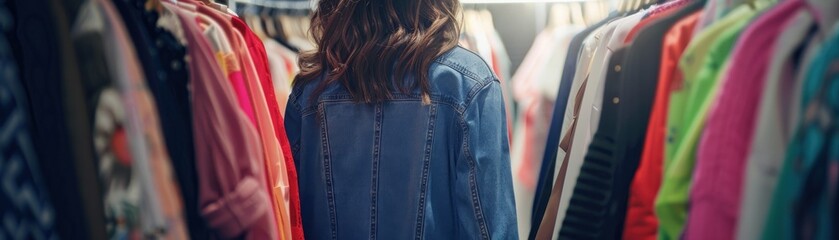 Woman in a Denim Jacket Browsing a Clothes Rack.