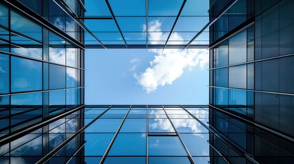 Contemporary office buildings in London viewed from below, with a vibrant blue sky overhead. 