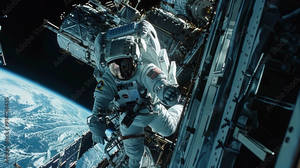 Poster astronauts, suspended in the void of space, carefully align and secure the components of a space sta