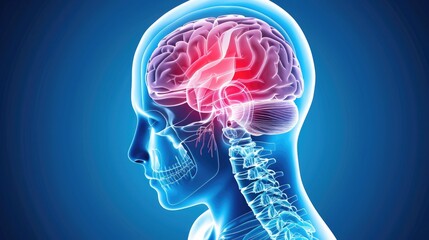 Obraz premium 3D illustration of the human brain anatomy with highlighted areas, showcasing a scientific concept on a blue background.