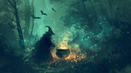 Capture a witch stirring her bubbling cauldron in a dark forest, with bats flying overhead and a ghostly glow emanating from the potion.