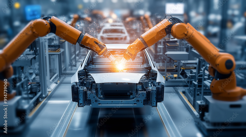 Poster a car is being built in a factory with robots. the car is made of metal and has a futuristic design.