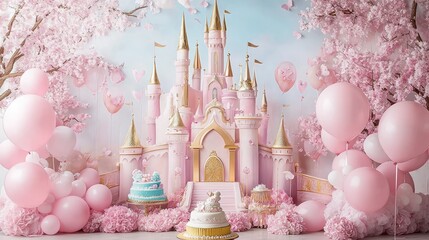 Enchanting 3D Pink and Gold Princess Castle Backdrop with Balloons and Cake for First Birthday Party in Pastel Colors - Kids Photo Studio Cartoon Background