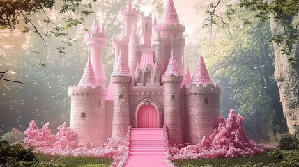 Enchanting 3D Pink Castle Backdrop for Cake Smash Princess - Photorealistic Forest Background with High Resolution Detail