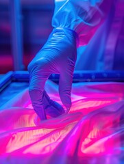 Neon Fabric Draped Over Hand In Gloves.