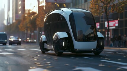 Develop a 3D model of a futuristic delivery vehicle, showcasing its efficiency, compact design, and advanced technology for urban environments.