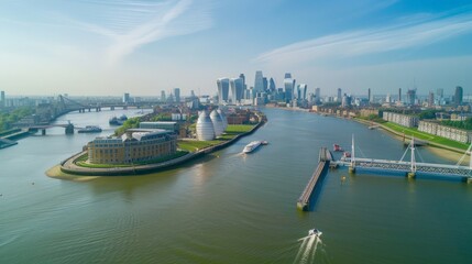 Naklejka premium Discover the tranquility of the Thames Barrier and the Docklands area from an aerial view, highlighting the blend of nature and urban development.