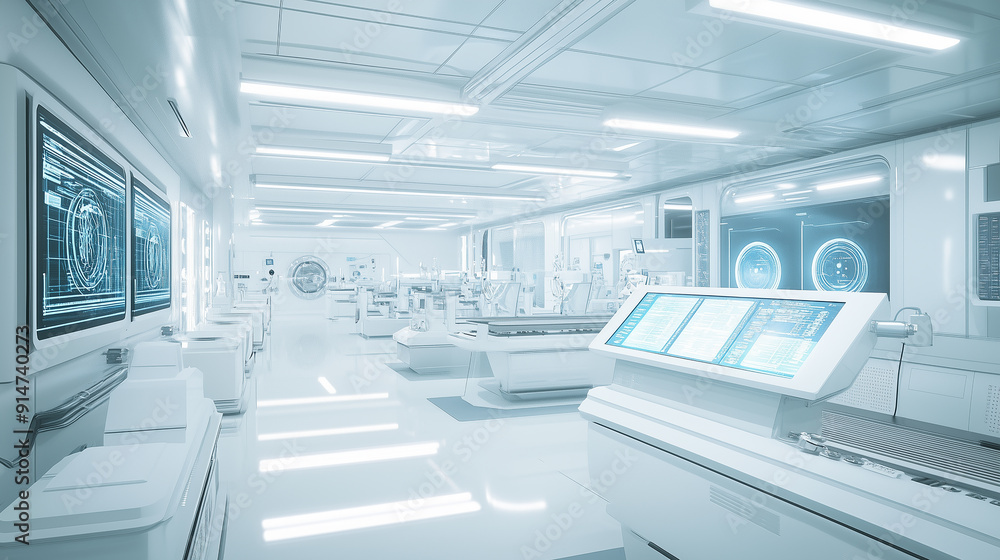 Poster a futuristic space station with a white interior and a large computer screen. the room is empty and 