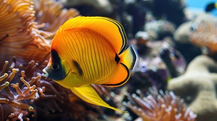 A Vibrant Yellow Butterflyfish Swimming Near Coral in an Aquarium