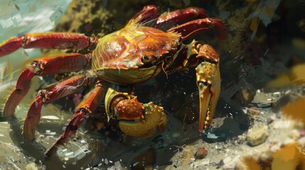 A Close-Up of a Vibrant Red and Gold Crab