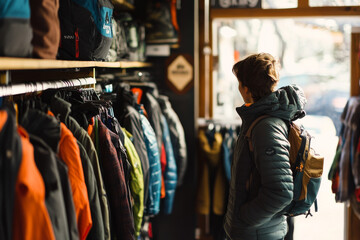 Obraz premium a woman looking at a rack of jackets