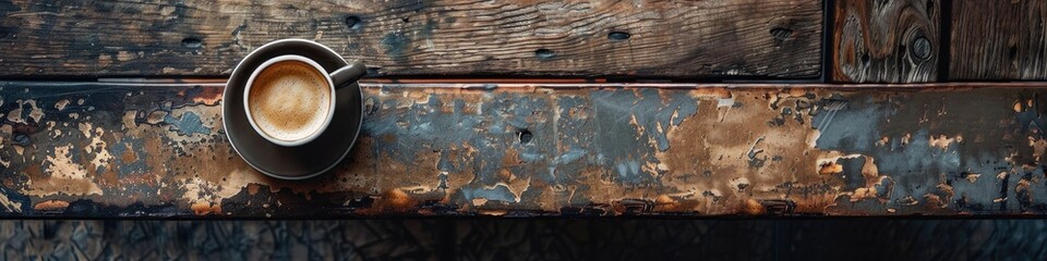 Fototapeta premium Rustic bench with coffee cup captured from a top view perspective