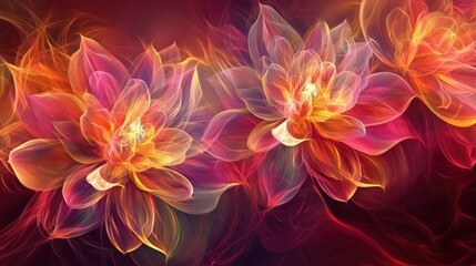 Digital flowers ablaze with pink, orange, and yellow light on a dark red background, exuding dynamic energy for meditation
