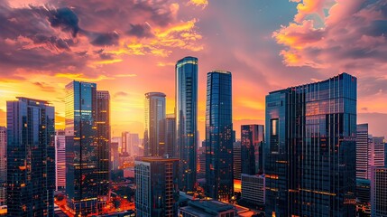 Fototapeta premium Modern city skyline at sunset â€“ Capture the sleek, tall buildings with warm orange and pink hues in the sky.