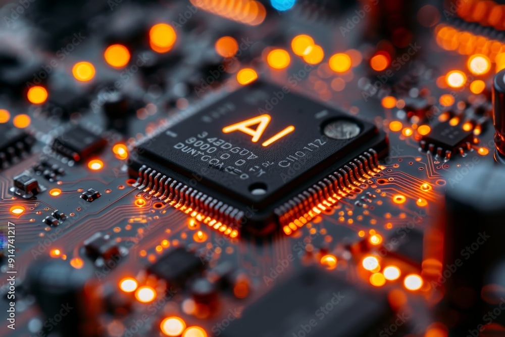 Poster colorful circuit board tracks leading to central processing unit with illuminated ai symbol