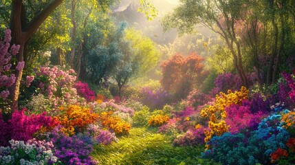 Enchanted garden bursting with colorful flowers, vibrant trees, and lush greenery under a bright sun