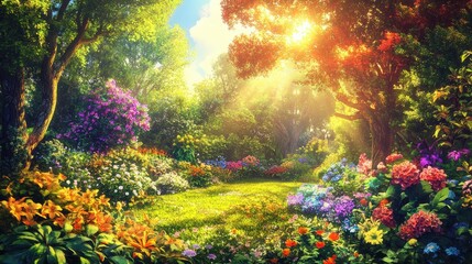 Fototapeta premium Enchanted garden scene with colorful flowers, lush greenery, and vibrant trees under a bright sun