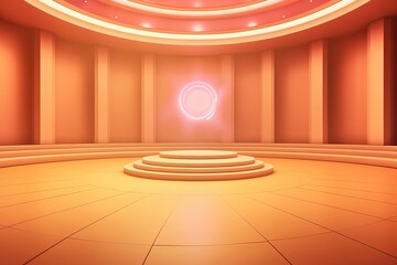 Empty round room with a circular platform and soft orange lighting.