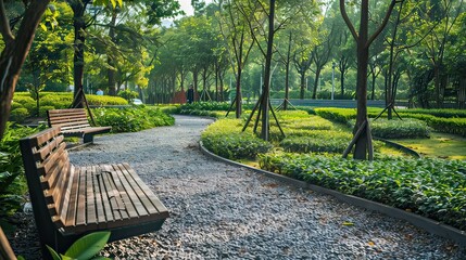 Beautifully designed public park &acirc;&euro;&ldquo; Display a park with well-planned landscaping, modern benches, and walking paths. Minimalist stock photo 