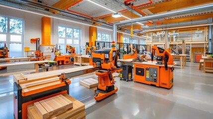 Modern woodworking shop with advanced machinery and equipment, showcasing an organized and efficient workspace for carpentry and furniture making.