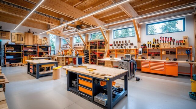 Modern woodworking shop with organized tools, spacious workbenches and natural light, ideal for carpentry and craftsmanship projects.