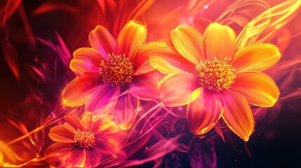 Obraz premium Bright and colorful flowers with burning pink, orange, and yellow energy on a dark red backdrop, powerful light for trance