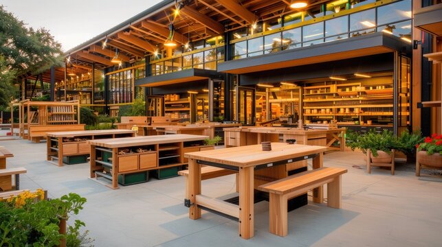 Outdoor furniture shop with various wooden tables and benches displayed in a modern, open-air setting with warm lighting.