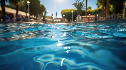 Closeup of swimming pool depth signs in blue water no people 