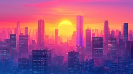Colorful sunset over a futuristic city, stylized skyscrapers with modern windows, sleek urban design
