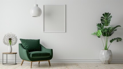 Green chair between dandelion and plant in living room with copy space and gray artwork