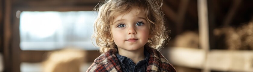 Fototapeta premium A Young Child Explores the Warmth of a Rustic Barn, Embracing the Simple Joys of Country Living and Discovering the Wonders of Rural Life This Authentic Portrait Captures the Essence of Childhood