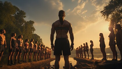 A fitness trainer leading an outdoor bootcamp class