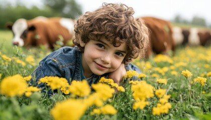 Young Child Learning About Agriculture and Cattle on a Farm, Exploring the Wonders of Nature and Rural Life, A Cute Boy Smiles Among Dandelions with Cows Grazing in the Background