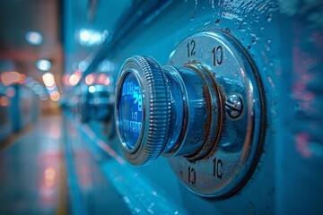 Steel bank safe for secure long term financial deposits on blue background, ensuring safety of funds