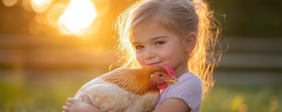 Young Girl Learning About Farm Animals A Sweet Moment on the Farm with a Chicken, Adorable Child Holding a Hen in the Golden Sunset - Powered by Adobe