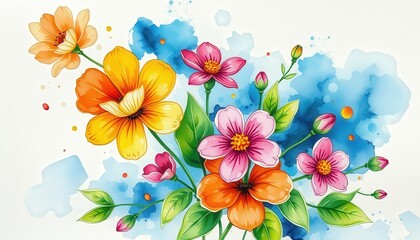 Watercolor Floral Bouquet with Blue Background.